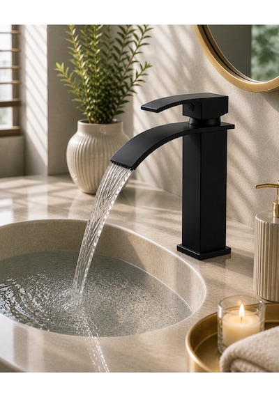 Mat Siyah Lavabo Bataryası Şelale Akışlı Modern Banyo Musluğu Tek Kollu Sabit Lavabo Çift Su Girişli