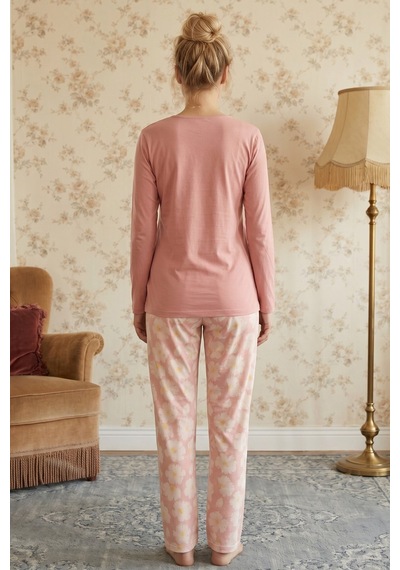 Siyah İnci Somon Desenli V Yaka Dantelli Viskon Örme Pijama Takım 26224654