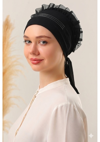 Melodi Scarf Çift Silikonlu Kaymayan Kaymaz Fırfırlı Bone - Eşarp Şal Başörtü Kaydırmayan Kaymaz Bantlı Bone Siyah