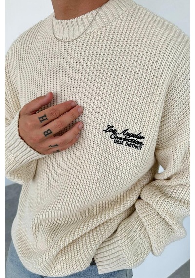 Krem Los Angeles Nakış Oversize Triko Kazak Krem