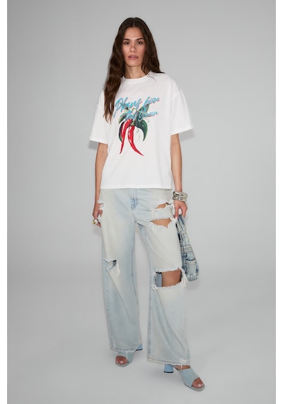 Grımelange Cassıane Kadın Bisiklet Yaka Kısa Kollu Ön Ve Arka Baskılı Regular Beyaz T-shirt