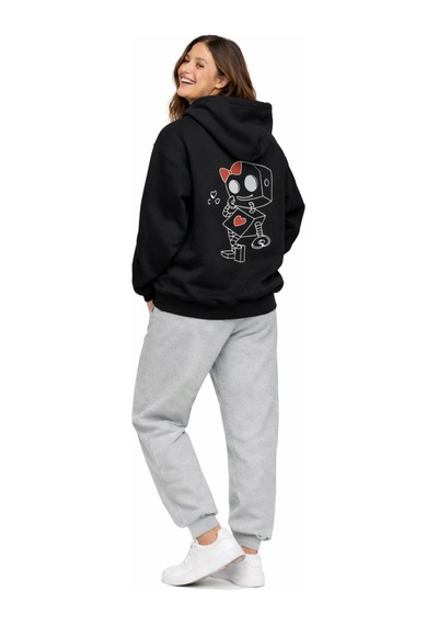 Nevermınd Robot Baskılı Sevgili Kombini Oversize Hoodie Seti Kadın Erkek Unisex Siyah Siyah