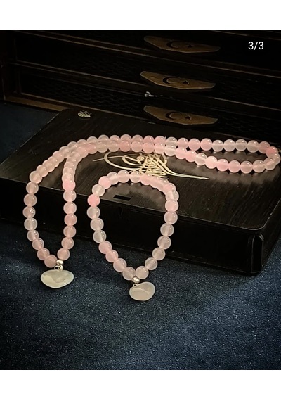 Fy Doğaltaş Pembe Kuvars Kolye Bileklik Set Ve Kalp Sallantı Pembe