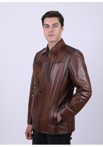 New Zaya Leather Erkek Açık Kahverengi Hakiki Deri Deri Mont Açık Kahverengi