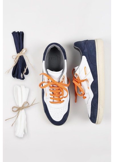 Krahe Artemis Erkek Hakiki Deri El Boyamalı Bağcık Ve Iki Yedek Bağcıklı Beyaz-Açık Mavi Sneakers 001