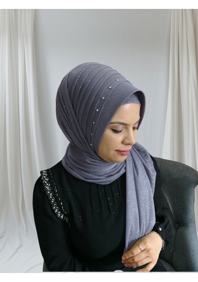 Simli Koyu Gri Nuray Model Hazır Duvak Hazır Şal Hazır Türban