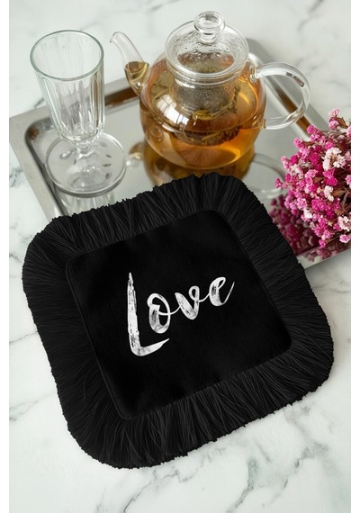 Love Yazılı Saçaklı Kahve Yanı Sunum Kokteyl Peçetesi - Şık Modern Siyah Beyaz Bardak Altlığı Mendil Çok Renkli