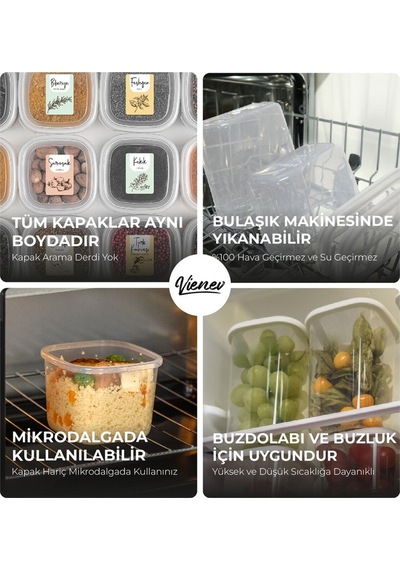 Vienev Peggy Renkli Etiketli Kare Erzak Saklama Kabı Beyaz 9x 0.55 L + 3x 1.75 L 12li Beyaz