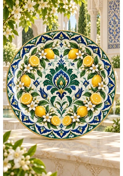 Dekoratif Duvar Tabağı Limonlu Saray Bahçesi Dekorlu Seramik Tabak Bordo