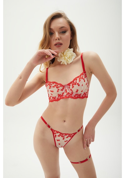 Arinda Love Bouquet Kırmızı Kalp Desenli İşlemeli Brode Kapsız Balenli Bralette Sütyen Tanga Alt Üst Çamaşırı Takımı 2 Parça