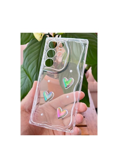 Fibaks Galaxy S25 Ultra Uyumlu Kılıf 3d Kalpli İnci Tasarımlı Desenli Kamera Korumalı Şeffaf Silikon Kapak