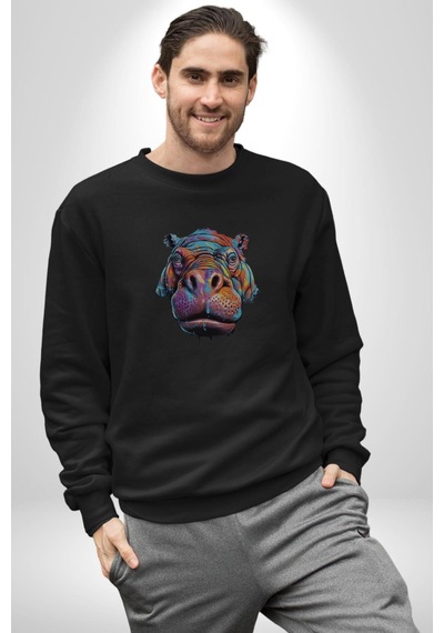 Su Aygırı Hipopotamo Renkli Unisex Siyah Baskılı Sweatshirt Siyah