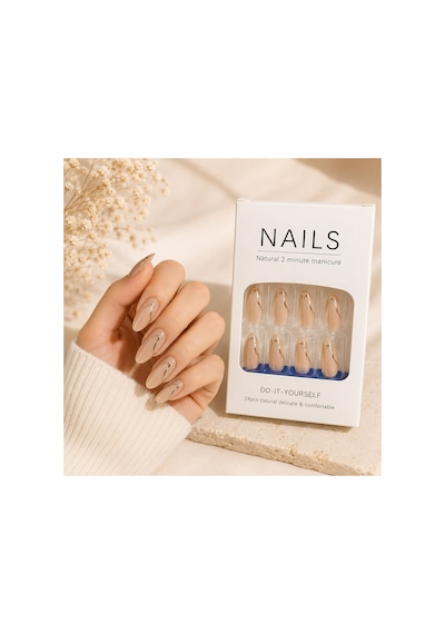 Zelüx - Ekru Doğal Tonlarda - 24 Adet Yapıştırma Tırnak Sanatı Seti Nail Art