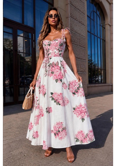 Asprinfashion Pembe Ortanca Çiçek Desenli Askılı Midi Elbise