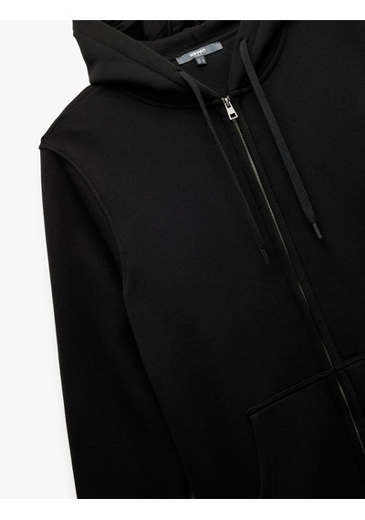 Koton Şardonlu Regular Fit Kapüşonlu Fermuarlı Uzun Kollu Kanguru Cepli Sweatshirt Siyah 7wam70004mk