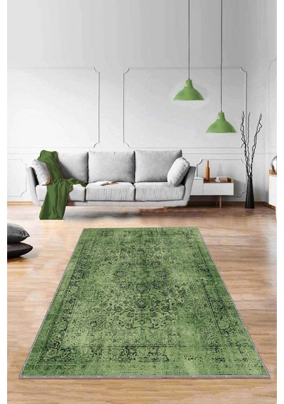 Yeşil Vintage Kaymaz Tabanlı Makinede Yıkanabilir Halı Rv280n11