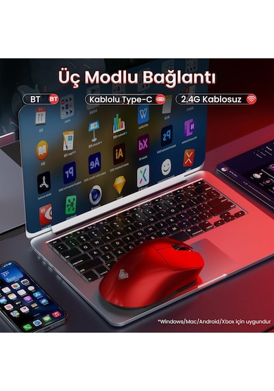 Aula Sc900 Max Paw3395 Sensör 30000 Dpı 8000hz Kablolu Ve Kablosuz Gaming Oyuncu Mouse Kırmızı Sc900-mxrd