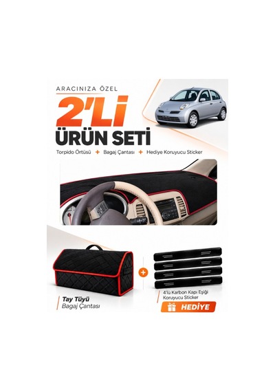 E-biz Nissan Micra March 2005-2010 Uyumlu Torpido Örtüsü + Tay Tüyü Çanta - Siyah-kırmızı - Nı007