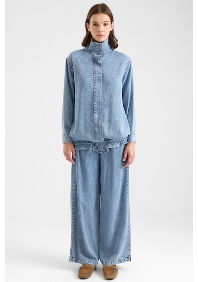 Olcay Büzgü Detaylı Soft Denim Ceket Pantolon İkili Takım Mavi 9472-tk