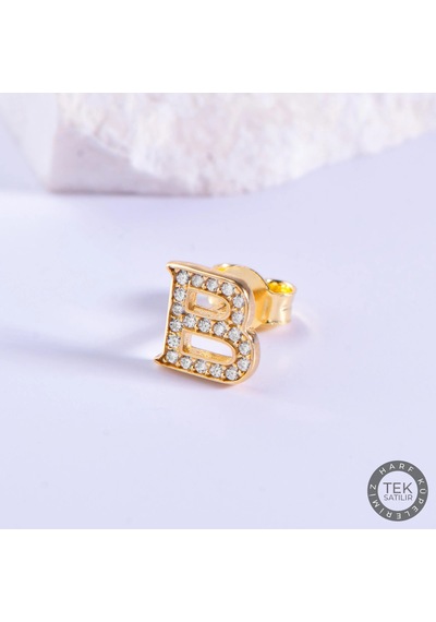 14 Ayar Altın Taşlı B Harf Küpe 0,65 Gr-6007