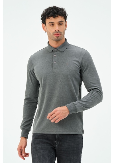 Uzun Kollu Regular Fit Erkek Polo Yaka T-shirt Gri