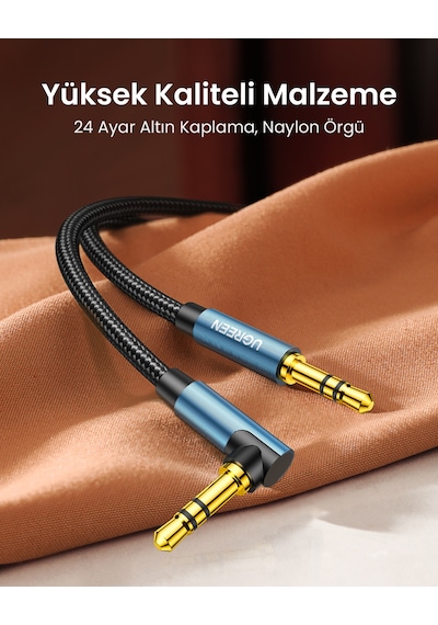 Ugreen 90 Derece L Tipi 3.5 Mm Aux Ses Kablosu, Mavi, 1 Metre, 60179