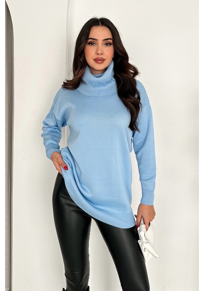 Asprin Fashion Degaje Yaka Triko Bluz Mavi + Hediye Kolye Mavi