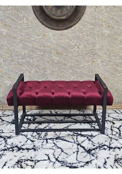 Zafir Siyah Boyalı Metal 80 Cm Puf Bench - Antre Puf - Hol Bench - Puf - Oturak - Bench Bordo