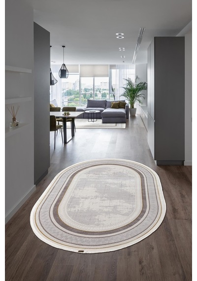 Trend Tr003s Oval Bej Akrilik Pamuk Modern Yumuşak Mutfak Yatak Odası Salon Oturma Odası Halısı-1080 Gri - Gold