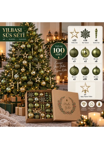 100 Parça Yılbaşı Ağaç Süsleme Seti Yeşil Gold Dekoratif Top, Yıldız, Kar Tanesi Ve Sarkıt Süsler 3 CM