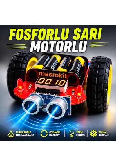 Masrokit U2l-7717 Ultrasonik Sensörlü Engelden Kaçan Robot Eğitim Kiti Fosforlu Sarı Motorlu