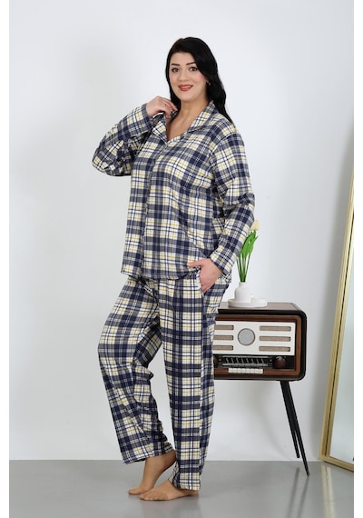 Akbeniz Kadın Büyük Beden Pamuklu Cepli Düğmeli Lacivert Pijama Takım 202504 Lacivert