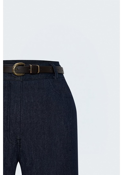 Sateen Kemerli Denim Görünümlü Pantolon - Lacivert-137941