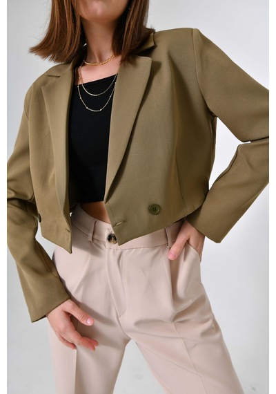 Haki Kruvaze Crop Blazer Ceket Haki