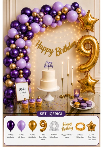 9 Yaş Doğum Günü Balon Süsleme Seti Mor Lila Gold Rakam Balon Ve Peri Led Li
