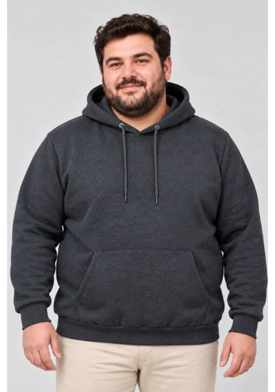 Butik İstanbul Erkek Battal Büyük Beden Üç İplik İçi Şardonlu Kapüşonlu Kanguru Cepli Kışlık Sweatshirt - Füme