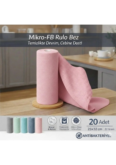 Fb Cup 20'li Rulo Mikro-fb Çok Amaçlı %100 Mikrofiber Temizlik Bezi 25x32 Kopart Kullan Pudra Pembesi Pembe