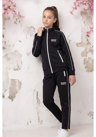 Pina Kids Kız Çocuk Unlimited Şeritli Kapüşonlu Düz Paça Reglan Kol Dalgıç Kumaş Eşofman Takımı Esf7013 siyah