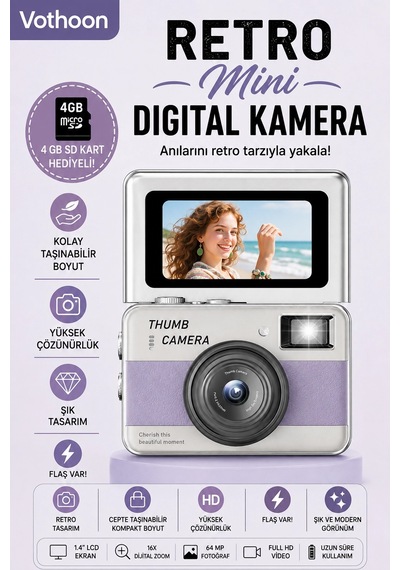 Retro Mini Dijital Kamera 1080p 1.47 İnç Flip Ekranlı Flaşlı Selfie Vlog Kamerası 4gb Sd Hediyeli Mor Çok Renkli