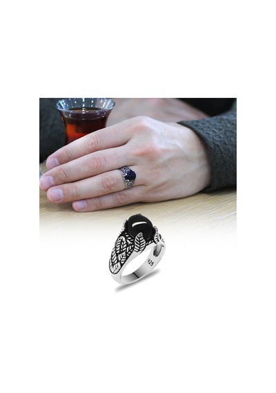 Oval Oniks Taşlı Modern Tasarım 925 Ayar Gümüş Erkek Yüzük (532045449)