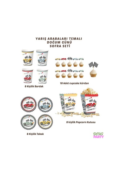 Karton Yarış Arabaları 23 Cm 8'er Adet Tabak Bardak Popcorn Kürdan Set Doğum Günü Seti Aksesuar Çok Renkli