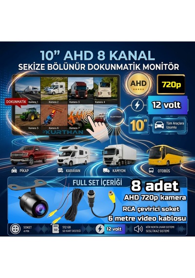 8 Adet Ledsiz Ahd 720p Kelebek Kamera 8 Ch 10 İnç Dokunmatik Ekran 512 Gb Dvr Adas Bsd 12 Volt