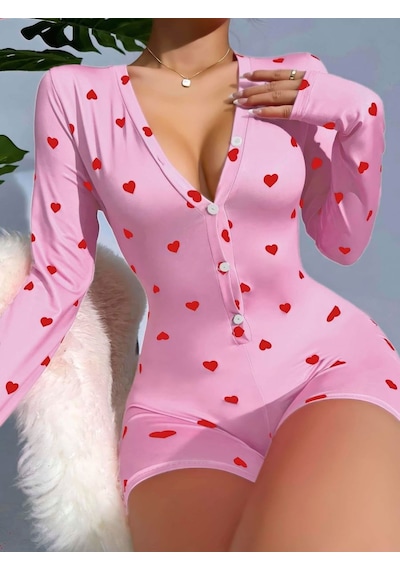 İkikareshop Kadın Pembe Kalp Desenli Pijama Tulumu 5121 Çok Renkli