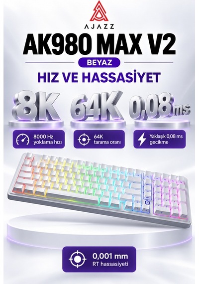 Ajazz Ak980 Max V2 8000 Hz Manyetik Rgb Oyuncu Klavyesi Beyaz Meow Meow