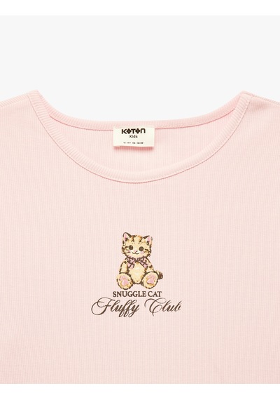 Koton Pamuklu Kedi Baskılı Kısa Kollu Bisiklet Yaka Tişört Pembe 6skg10599ak Gül
