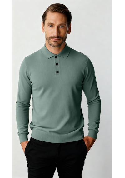 İgs Mint Yeşili Standart Fit Dar Kalıp Polo Yaka Düz Uzun Kollu Triko-21899 Mint Yeşili
