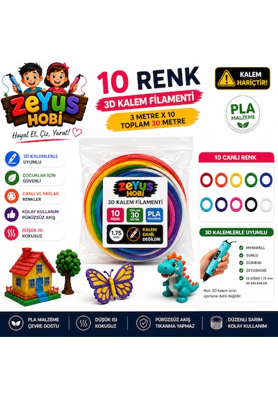 Zeyus Filament 10 Renk 3 Metre 3d Kalem Filamenti