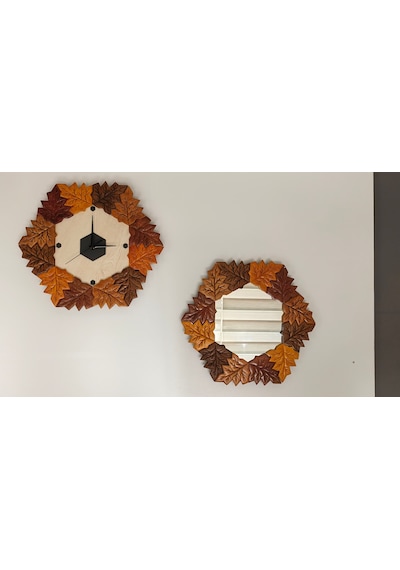 Sonbahar Yaprakları Dekoratif Yaprak Tasarımlı Duvar Saati 44x41 Cm Polyester Ve Ahşap El Yapımı Natural Karışık-çok Renkli