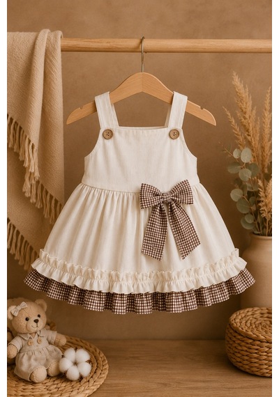 Mnk Baby & Kids Kız Bebek %100 Pamuklu Fiyonk Detaylı Elbise M00849 Bej