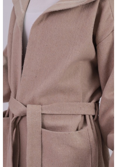 Armonika Kadın Bej Beli Kuşaklı Cepli Kapüşonlu Oversize Kaşe Kaban Arm-26k001025